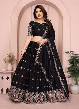 Radiant Black Georgette Embroidery Umbrella Lehenga