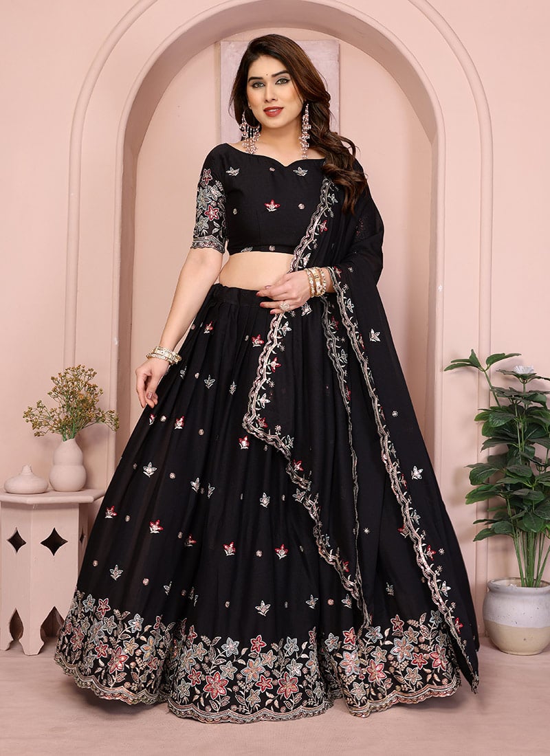 Radiant Black Georgette Embroidery Umbrella Lehenga Festive Wear