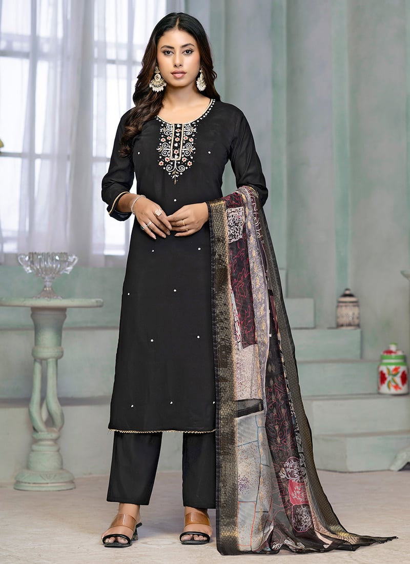 Radiant Black Hand Embroidered Roman Cotton Straight Pant Suit With Digital Print Dupatta Festive Wear