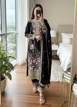 Radiant Black Silk Embroidered Sequins Stones Thread Palazzo Suit