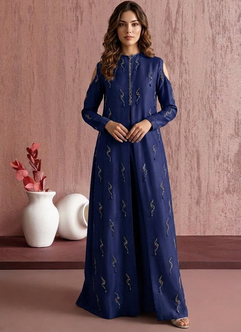 Radiant Blue Art Silk Beads Hand Embroidered Anarkali Suit After Six Wear