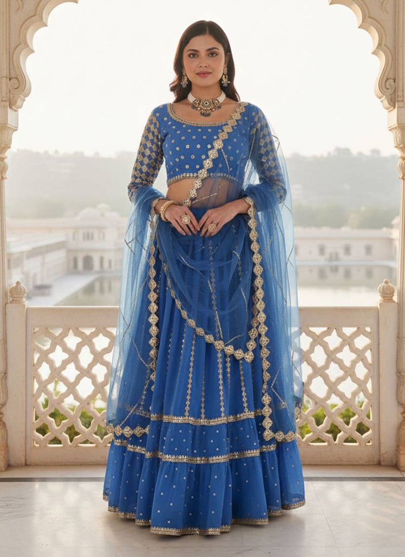 Radiant Blue Faux Georgette Embroidered Sequins A Line Lehenga After Six Wear