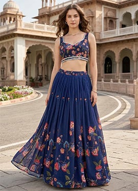 Radiant Blue Georgette Floral Print A Line Lehenga