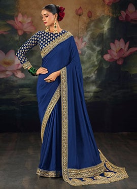 Radiant Blue Muga Silk Zari Sequins Resham Embroidered Saree