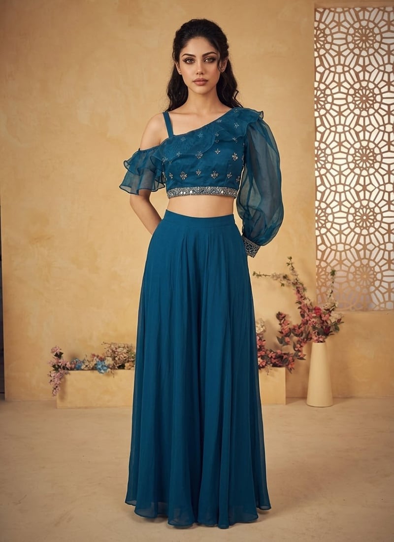 Radiant Blue Organza Zari Sequins Indo Western Set Wedding Wear