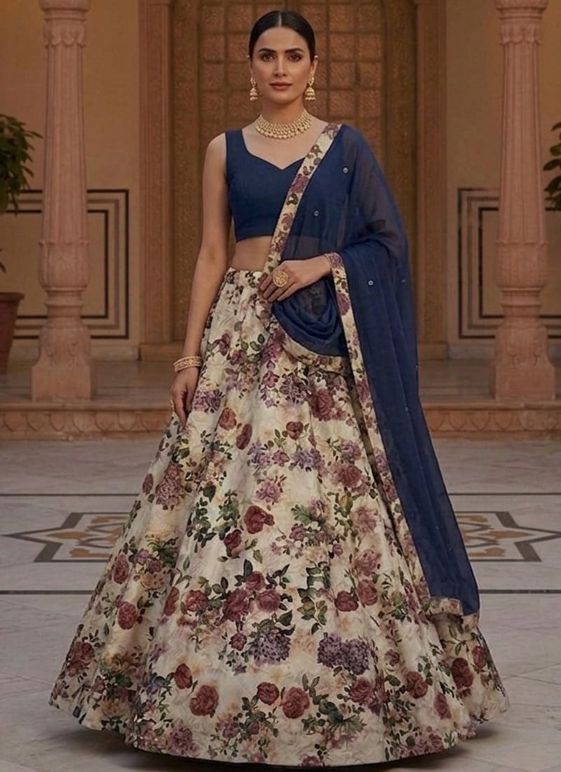 Radiant Blue Printed Taffeta Umbrella Lehenga Festive Wear