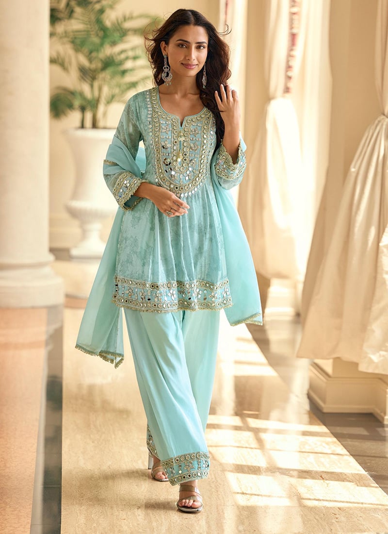 Radiant Blue Shimmer Silk Embroidered Mirror Work Straight Pant Suit Festive Wear