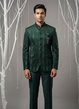 Radiant Bottle Green Silk Embroidered Thread Bandhgala Suit