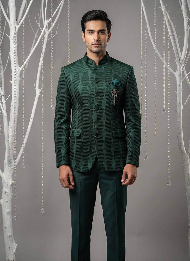 Radiant Bottle Green Silk Embroidered Thread Bandhgala Suit Wedding Wear
