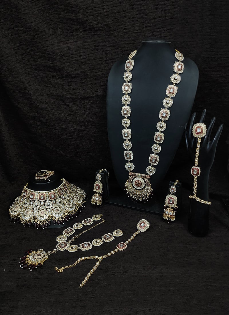 Radiant Bride Gold Plated Kundan Set In Maroon With Intricate Beads Wedding Wear-JYSRK195537
