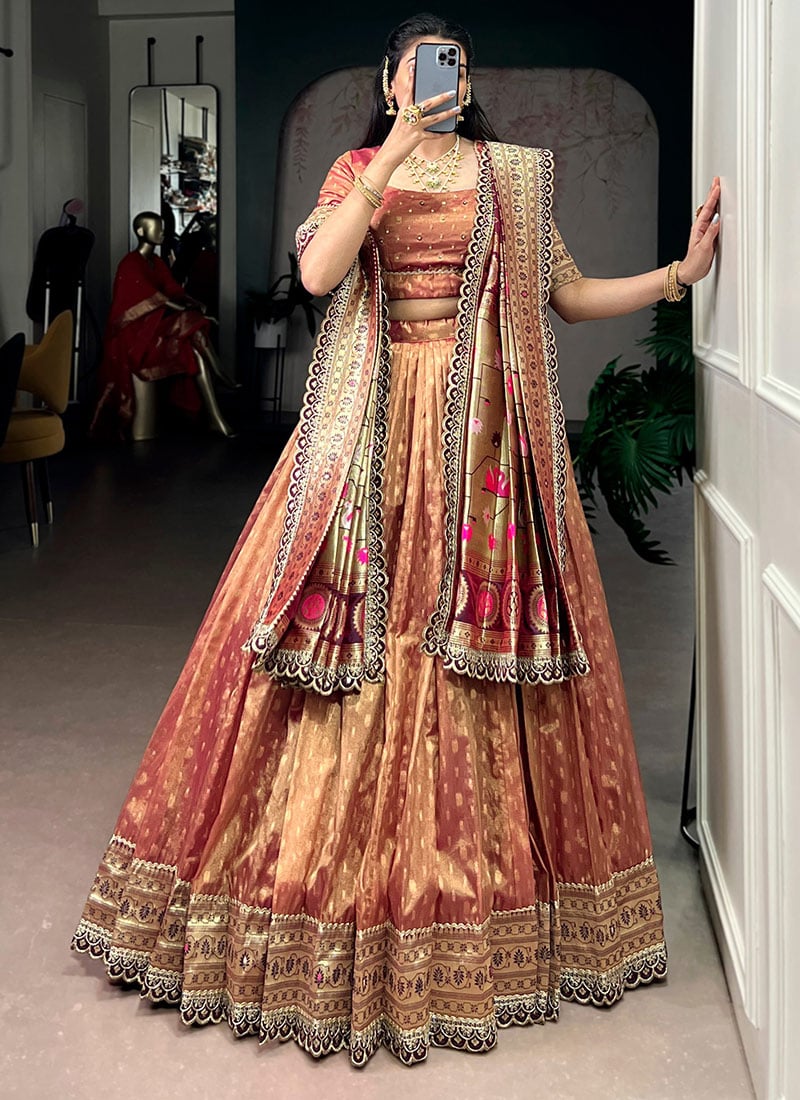 Radiant Brown Shimmer Organza Zari Jacquard Woven Umbrella Lehenga Wedding Wear