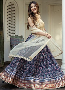 Radiant Charm Blue Silk Printed Gota Work Lehenga