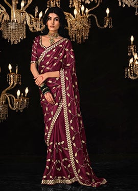 Radiant Charm Wine Tissue Silk Zari Embroidered Sequins Saree