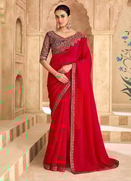 Radiant Cherry Red Georgette Embroidered Sequins Zari Saree