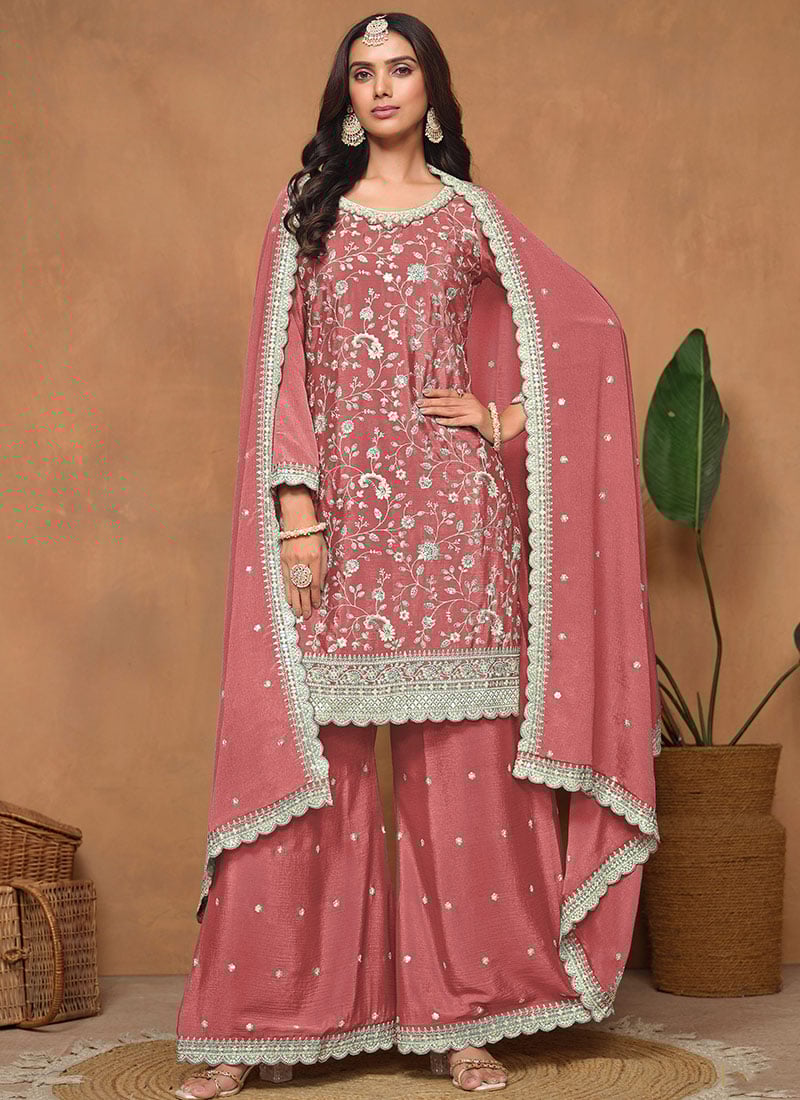 Radiant Coral Pink Chinon Palazzo Suit With Sequins Embroidery Festive Wear