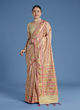 Radiant Cream Banarasi Satin Silk Patola Zari Woven Saree