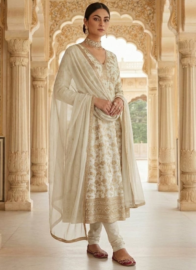 Radiant Cream Dola Silk Jacquard Sequins Anarkali Suit Festive Wear