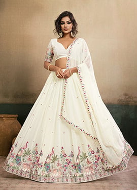 Radiant Cream Georgette Embroidery Work Umbrella Lehenga