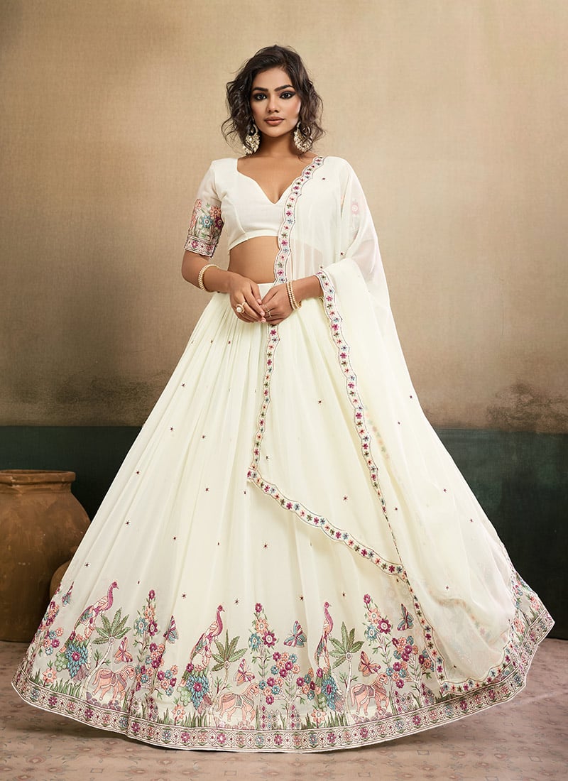 Radiant Cream Georgette Embroidery Work Umbrella Lehenga Wedding Wear