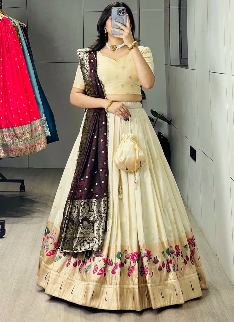Radiant Cream Paithani Silk Jacquard Zari Woven A Line Lehenga Festive Wear