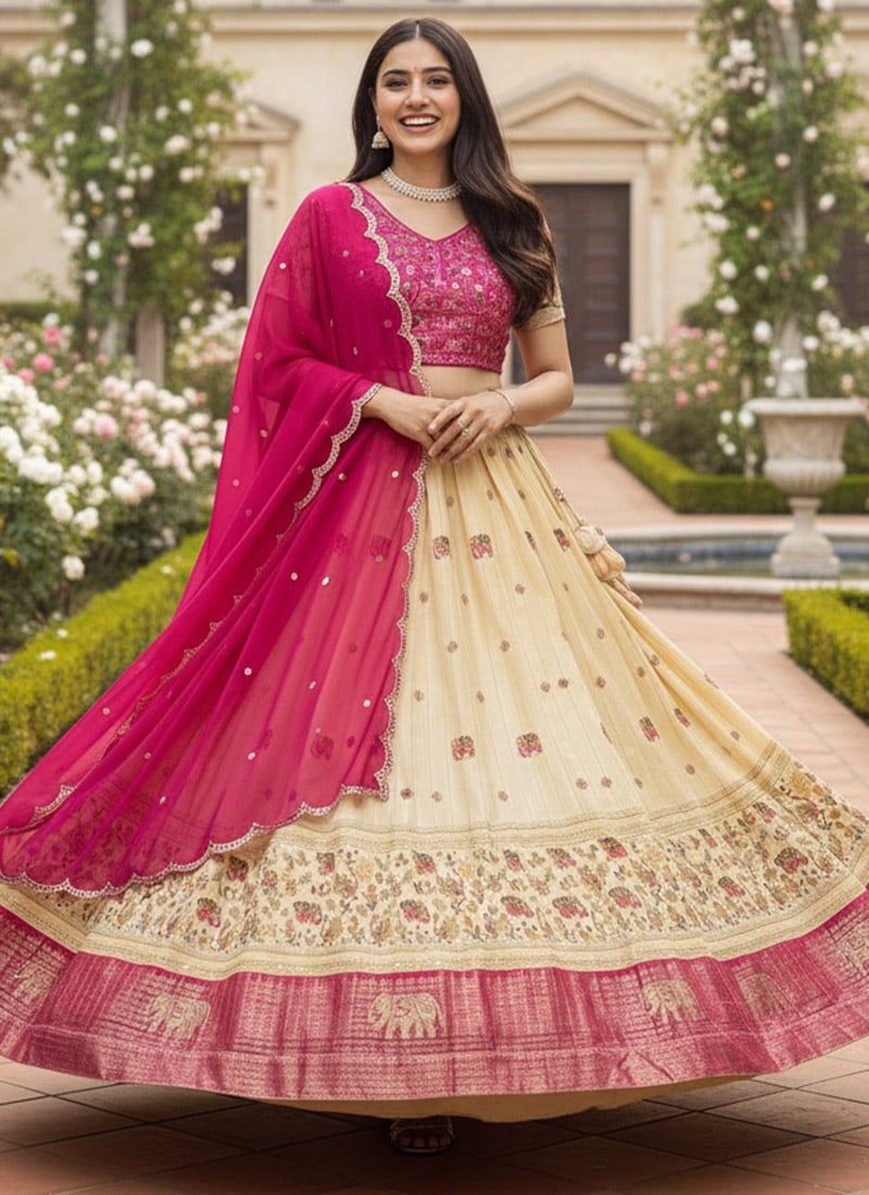 Radiant Cream Polyester Silk Kalamkari Print Embroidered Sequins Umbrella Lehenga Festive Wear