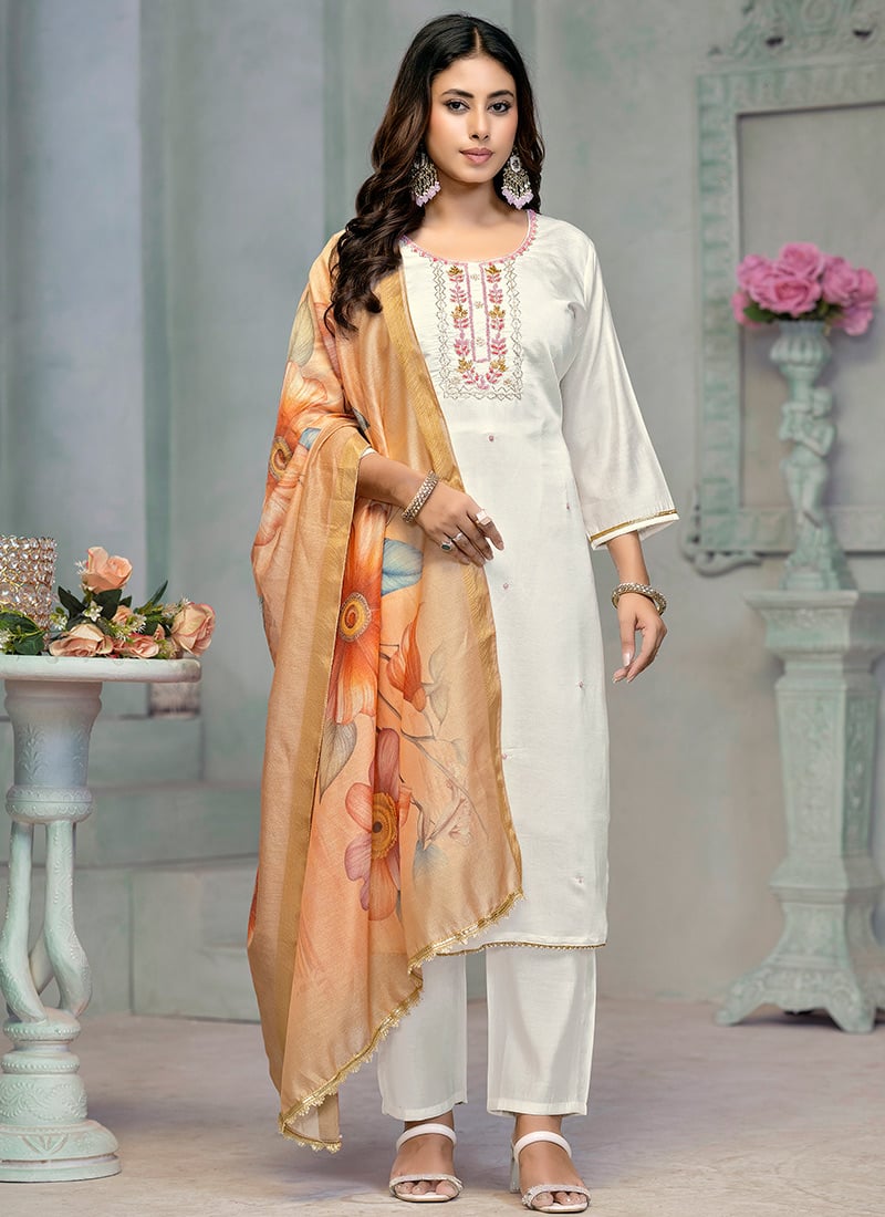 Radiant Cream Rayon Straight Pant Suit With Hand Embroidered And Printed Dupatta Festive Wear
