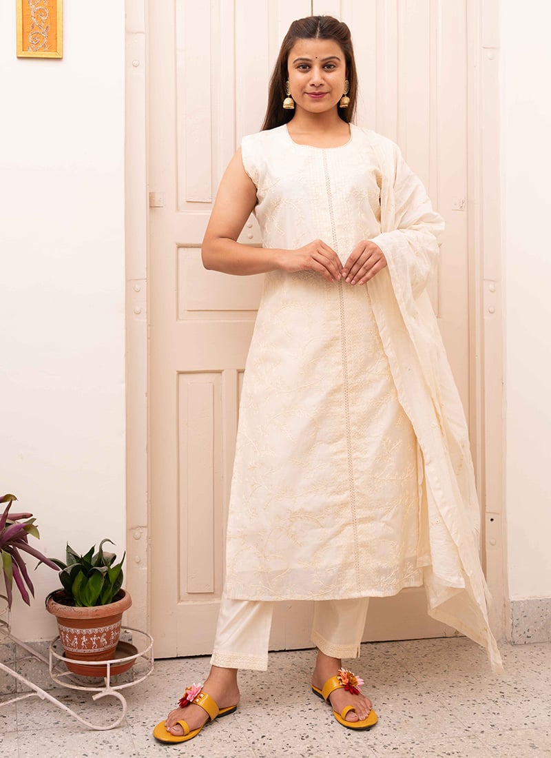 Radiant Cream Silk Embroidered Straight Pant Suit After Six Wear