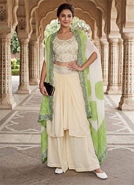 Radiant Cream Soft Crepe Silk Embroidery Sequins IndoWestern Set And Suit