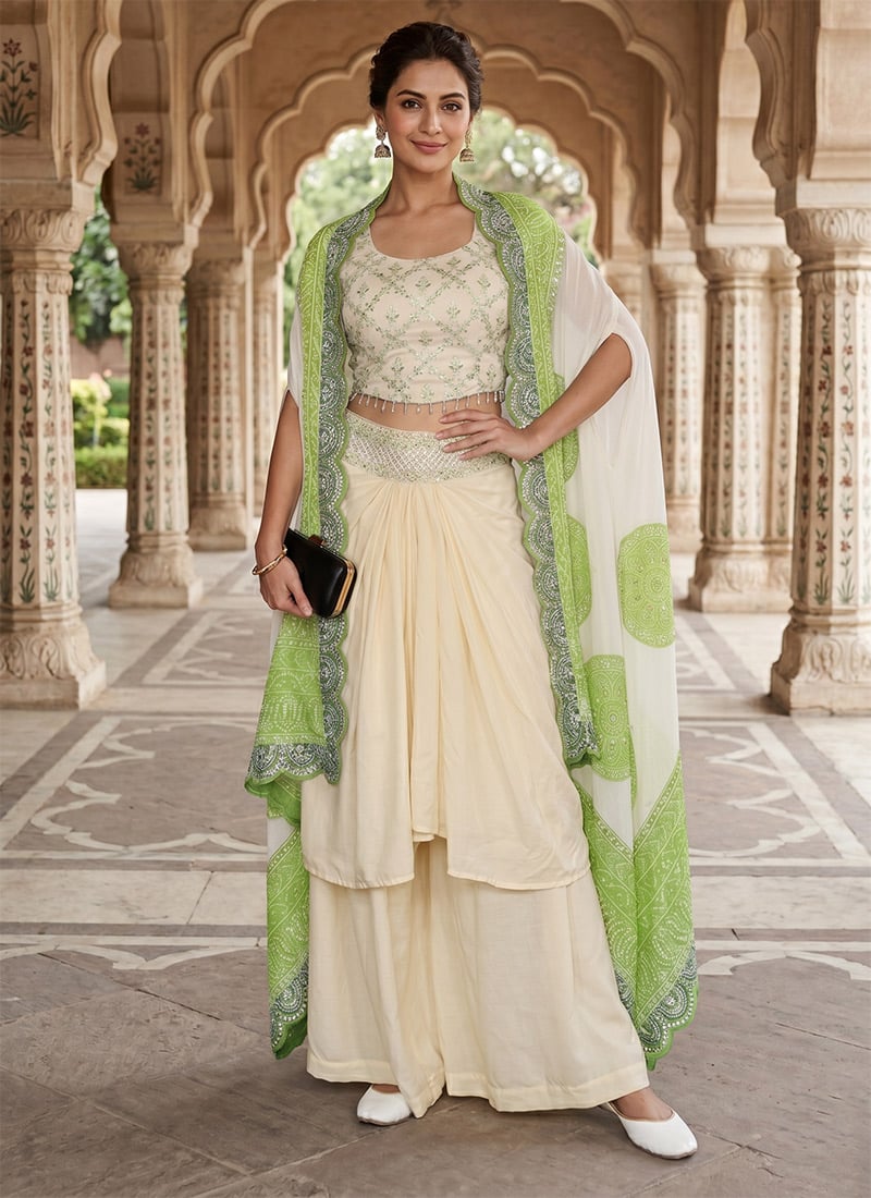 Radiant Cream Soft Crepe Silk Embroidery Sequins IndoWestern Set And Suit After Six Wear