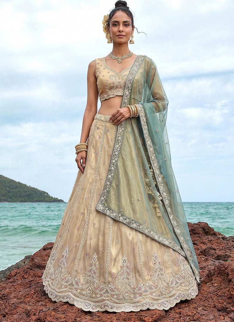 Radiant Cream Tissue Embroidered Umbrella Lehenga Wedding Wear