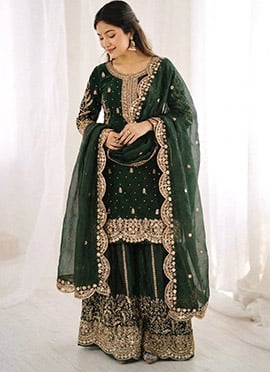 Radiant Dark Green Fendy Silk Embroidered Sequins Moti Palazzo Suit
