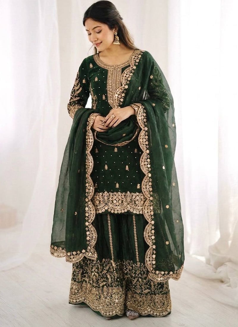 Radiant Dark Green Fendy Silk Embroidered Sequins Moti Palazzo Suit Festive Wear