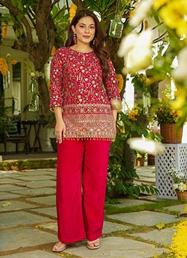 Radiant Dark Pink Heavy Crepe Silk Heavy Thread Embroidery Sequins Work Palazzo Suit