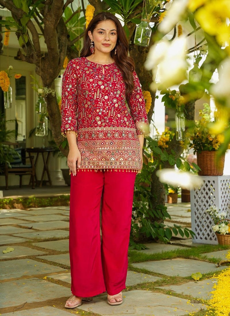 Radiant Dark Pink Heavy Crepe Silk Heavy Thread Embroidery Sequins Work Palazzo Suit After Six Wear