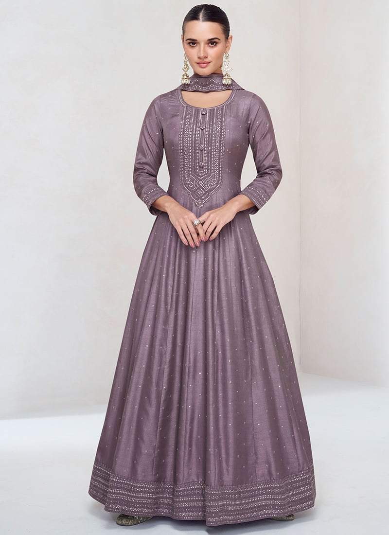 Radiant Dusty Purple Silk Anarkali Suit With Embroidery And Sequins Festive Wear