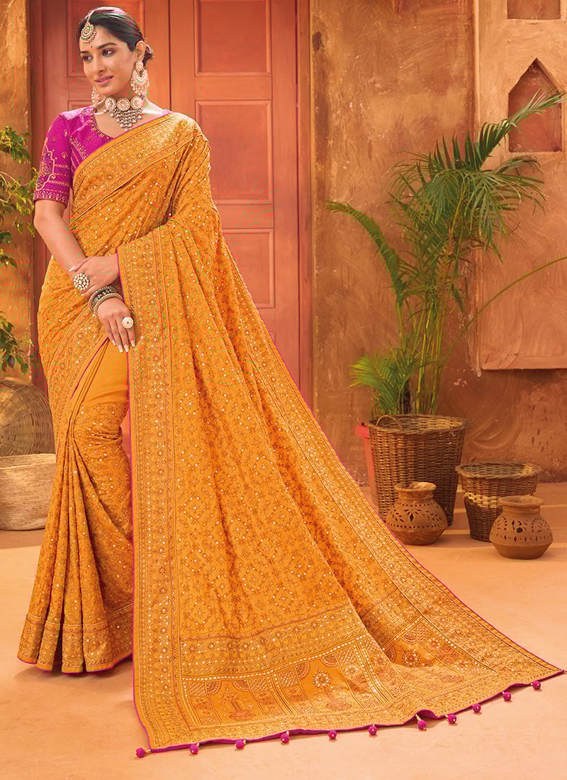 Radiant Embroidered Mirror Work Banarasi Silk Saree Party Wear