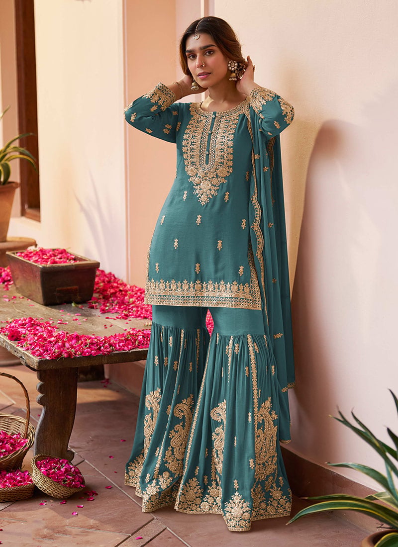 Radiant Firozi Chinon Designer Hand Embroidered Sharara Suit After Six Wear