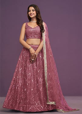 Radiant Gajri Pink Net Sequins Embroidered Mirror Work Thread Umbrella Lehenga