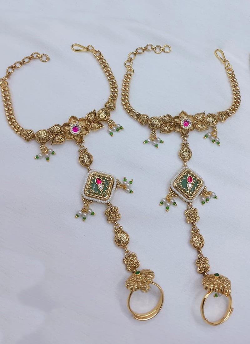 Radiant Gold Copper Beads Kundan Haath Pool Wedding Wear