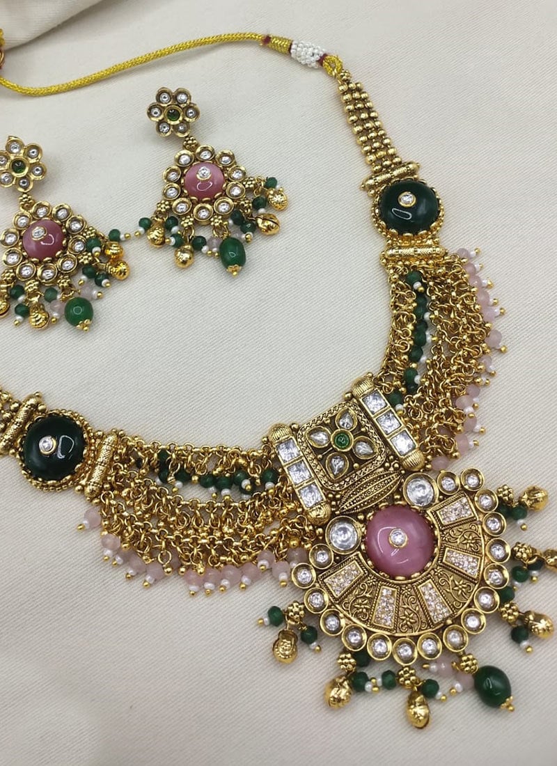 Radiant Gold Copper Kundan Beads Necklace Wedding Wear