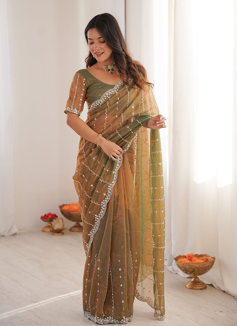 Radiant Gold Net Sequins Cutdana Work Saree   Festive Wear