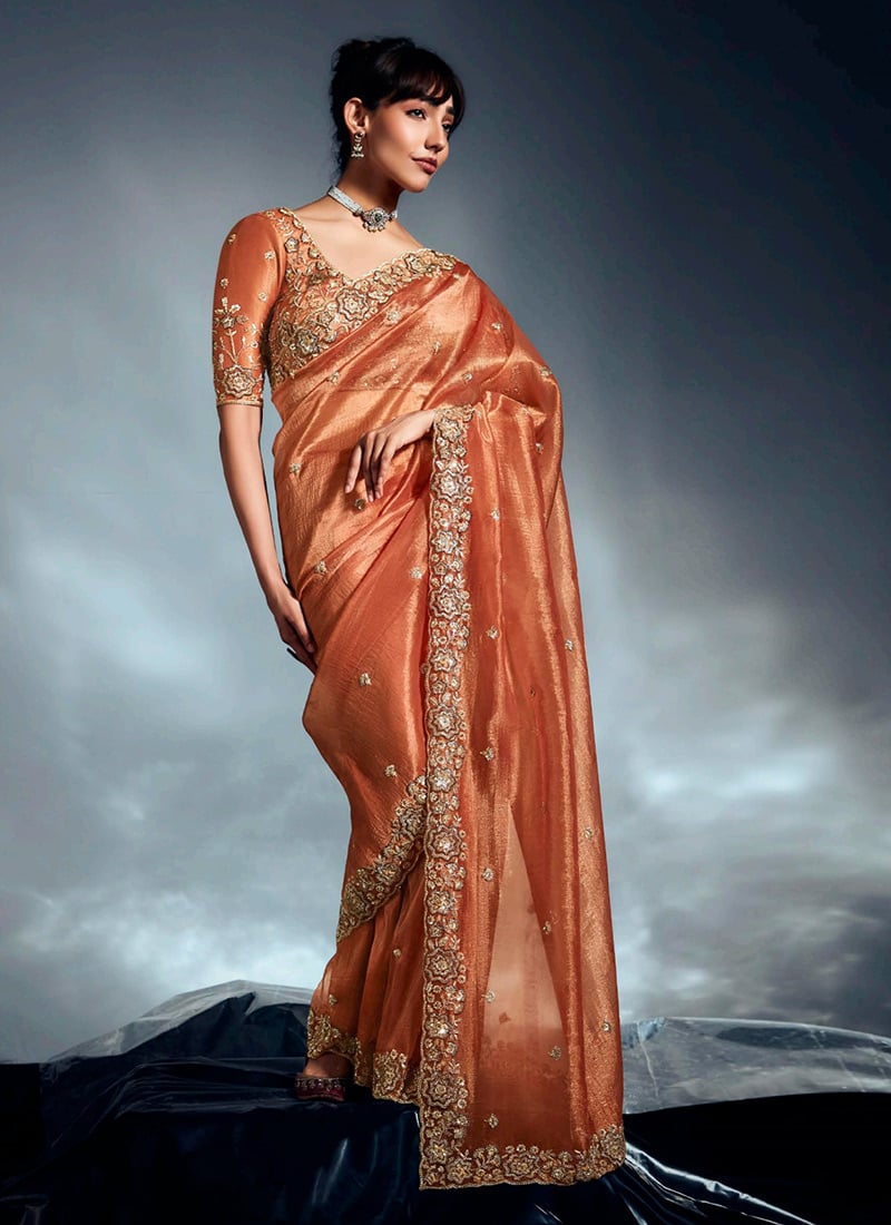 Radiant Gold Orange Tissue Moti Sequins Saree