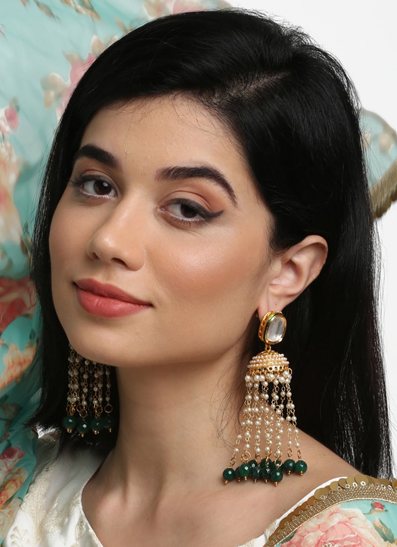 Radiant Gold Plated Kundan Jhumka With White Stone And Green Pearl Party Wear-ERJHRRA40439
