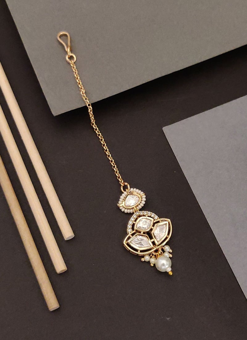 Radiant Golden Kundan And Beads Mangtikka  Festive Wear