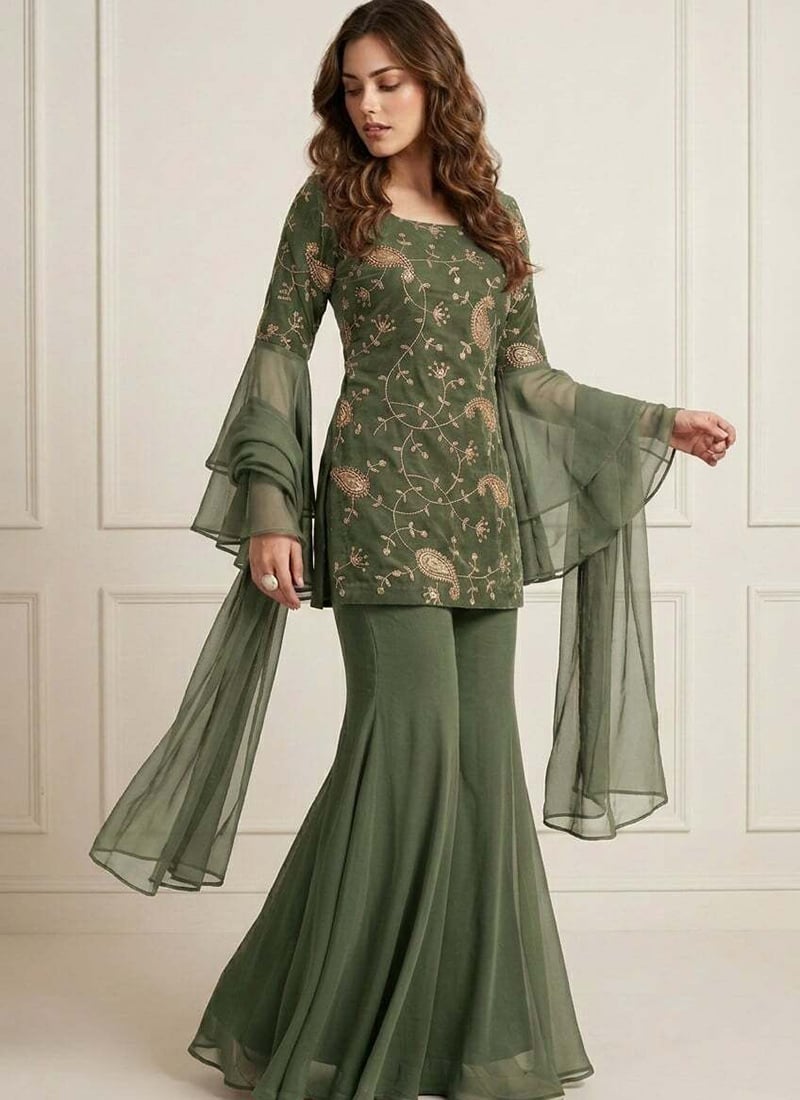 Radiant Green Art Silk Embroidered Sharara Suit Festive Wear