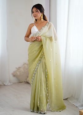 Radiant Green Chiffon Crush Sequins Beads Cut Work Cutdana Saree