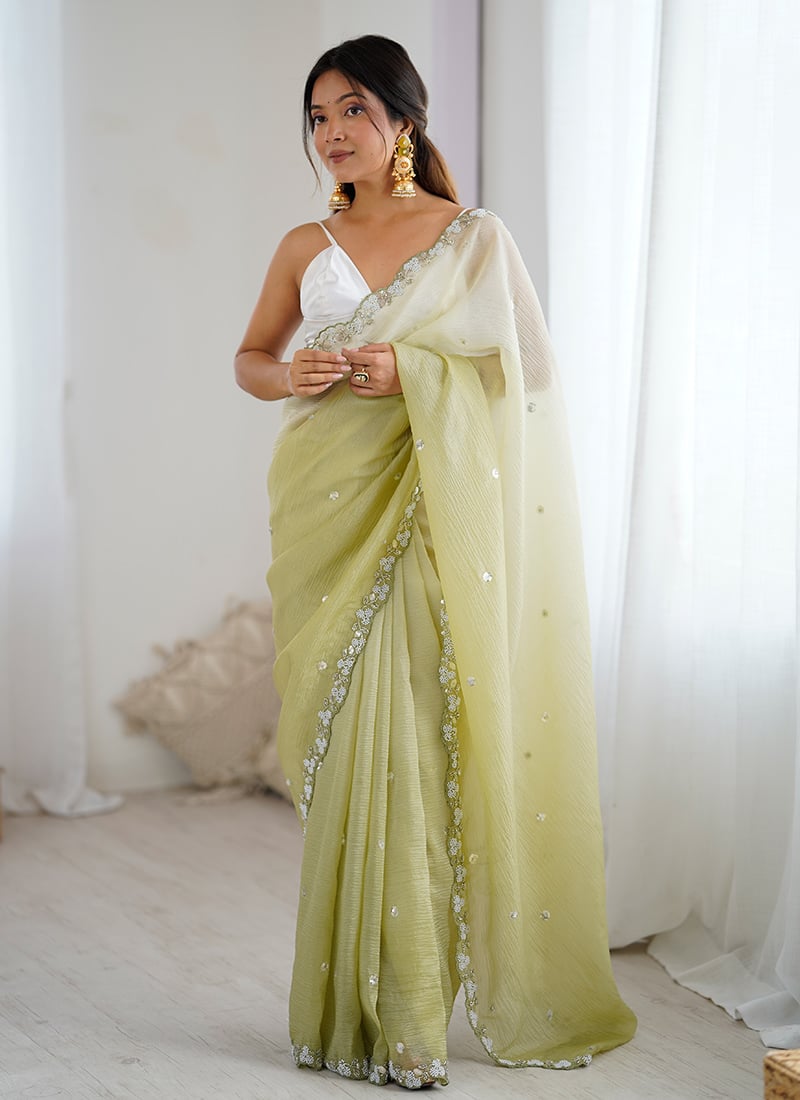 Radiant Green Chiffon Crush Sequins Beads Cut Work Cutdana Saree After Six Wear
