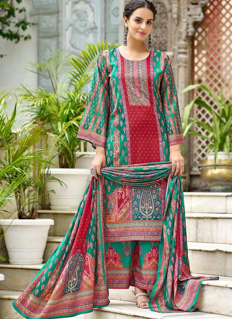 Radiant Green Crepe Silk Mirror Work Digital Print Palazzo Suit Festive Wear