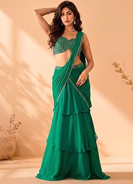 Radiant Green Faux Georgette Sequins Beads Hand Embroidered Saree