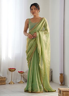 Radiant Green Fendy Satin Sequins Embroidered Saree